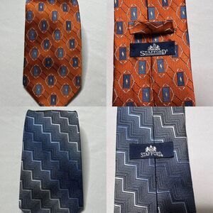 Lot of 2 Stafford Mens Tie Necktie 100% Silk Gray Blue Zig Zag Orange‎ Geometric